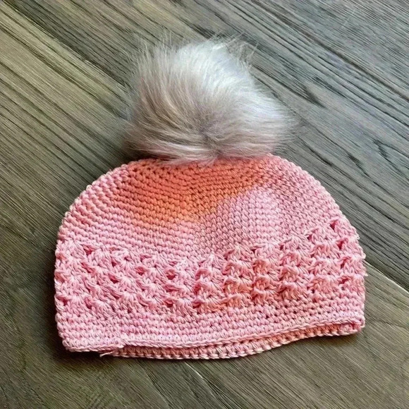 Hand crafted pink crochet girls  hat with heart and fuzzy pom pom - Picture 8 of 8
